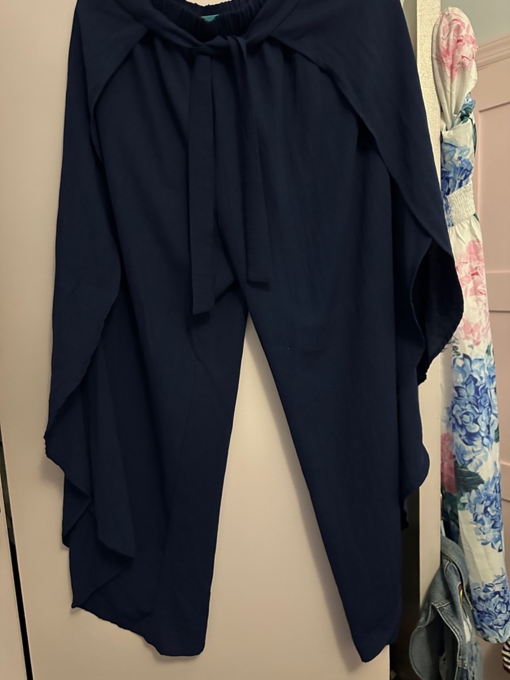 Navy Wide-Leg Tie-Waist Palazzo Pants